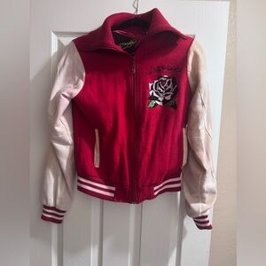 Ed Hardy Red and White Varsity Jacket with Rose Design and black panther